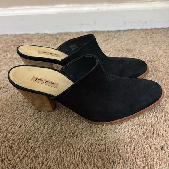 Paul Green Black Suede Slip-On 3.5" Heel Mules Shoes size 6.5 Minimalist Classic - Picture 1 of 7